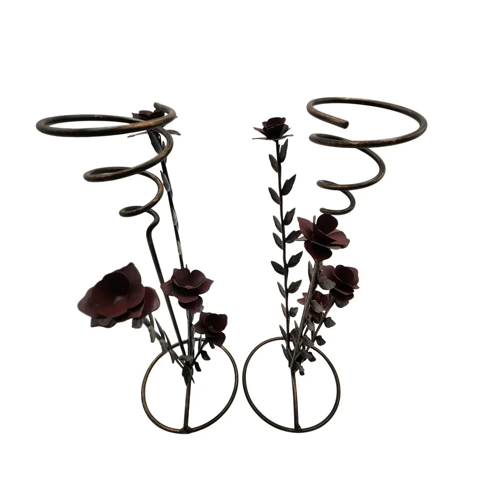 Pair Vtg Metal Rose Flower Votive Candle Holders Spiral Wire Tower Romantic Goth